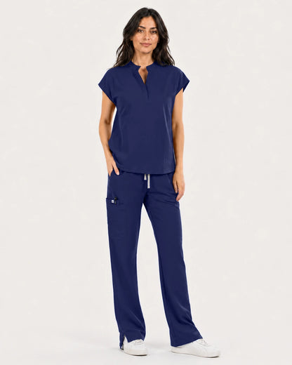 Navy Blue Eipnare Women's Mandarin Sleeveless Straight-Leg Scrub Set - Stretch Medical Scrubs for Women