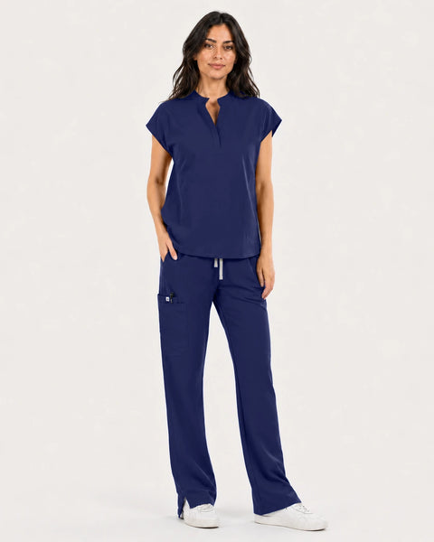Eipnare Women's Mandarin Sleeveless Straight-Leg Scrub Set - Navy Blue