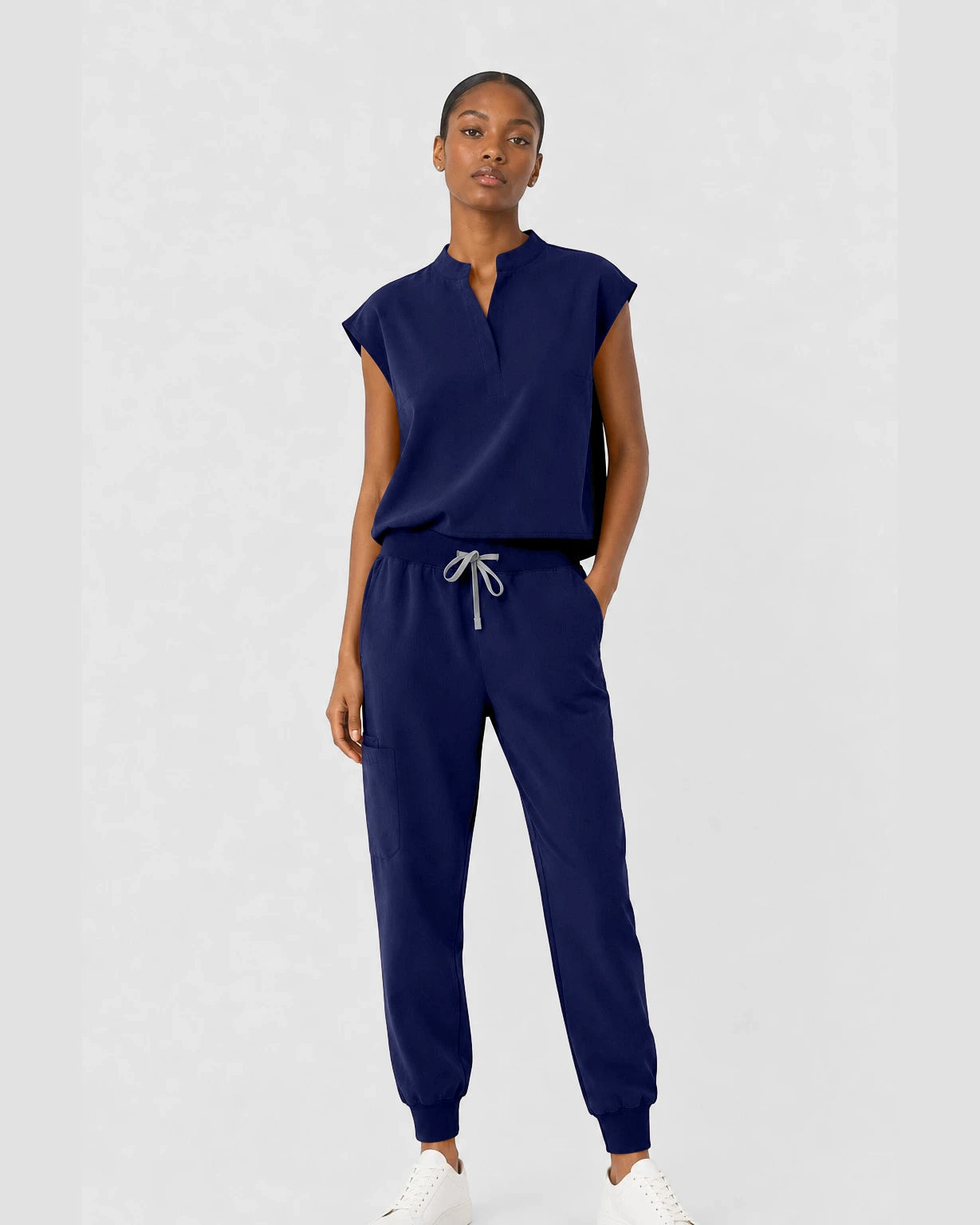 Navy Blue Eipnare Women's Sleeveless Mandarin Collar Jogger Scrub Set - Stretch Medical Scrubs for Women