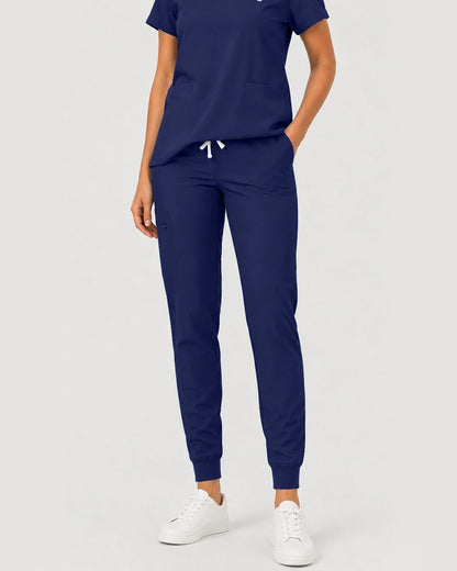 Navy Blue Eipnare Women's Notch V-Neck Cargo Jogger Scrub Set - Stretch Medical Scrubs for Women