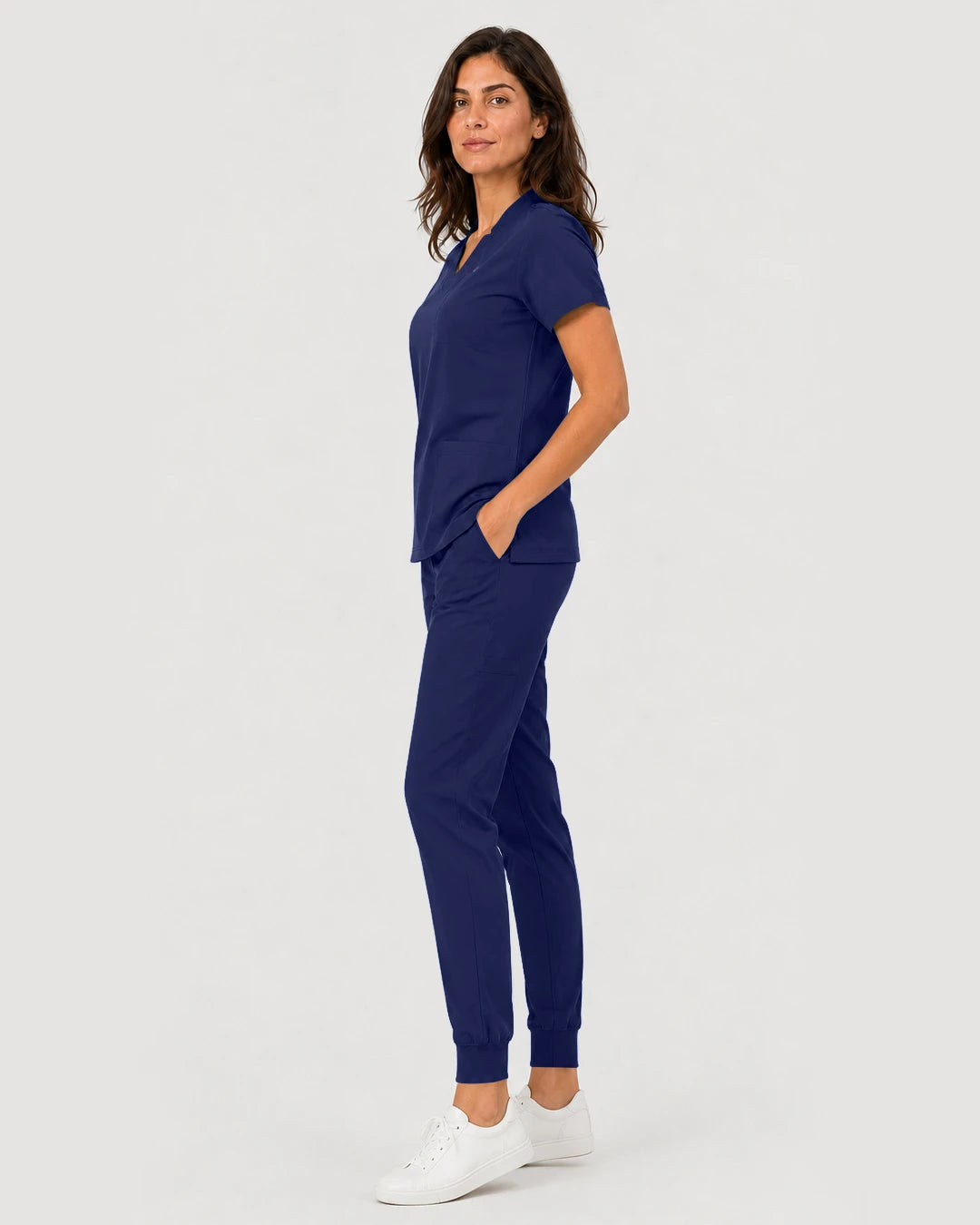 Navy Blue Eipnare Women's Notch V-Neck Cargo Jogger Scrub Set - Stretch Medical Scrubs for Women