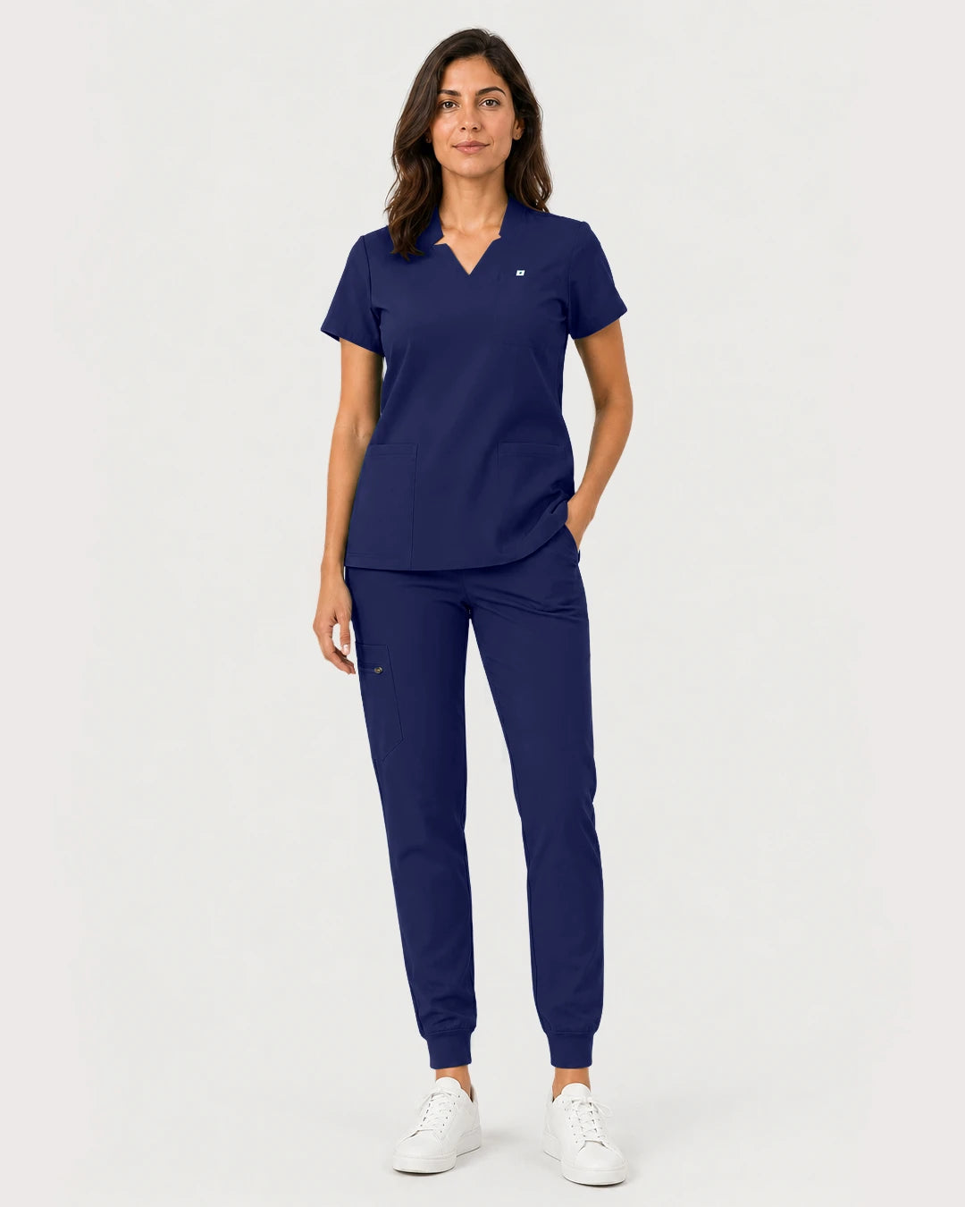 Navy Blue Eipnare Women's Notch V-Neck Cargo Jogger Scrub Set - Stretch Medical Scrubs for Women