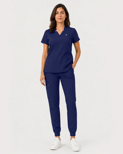 Navy Blue Eipnare Women's Notch V-Neck Cargo Jogger Scrub Set - Stretch Medical Scrubs for Women
