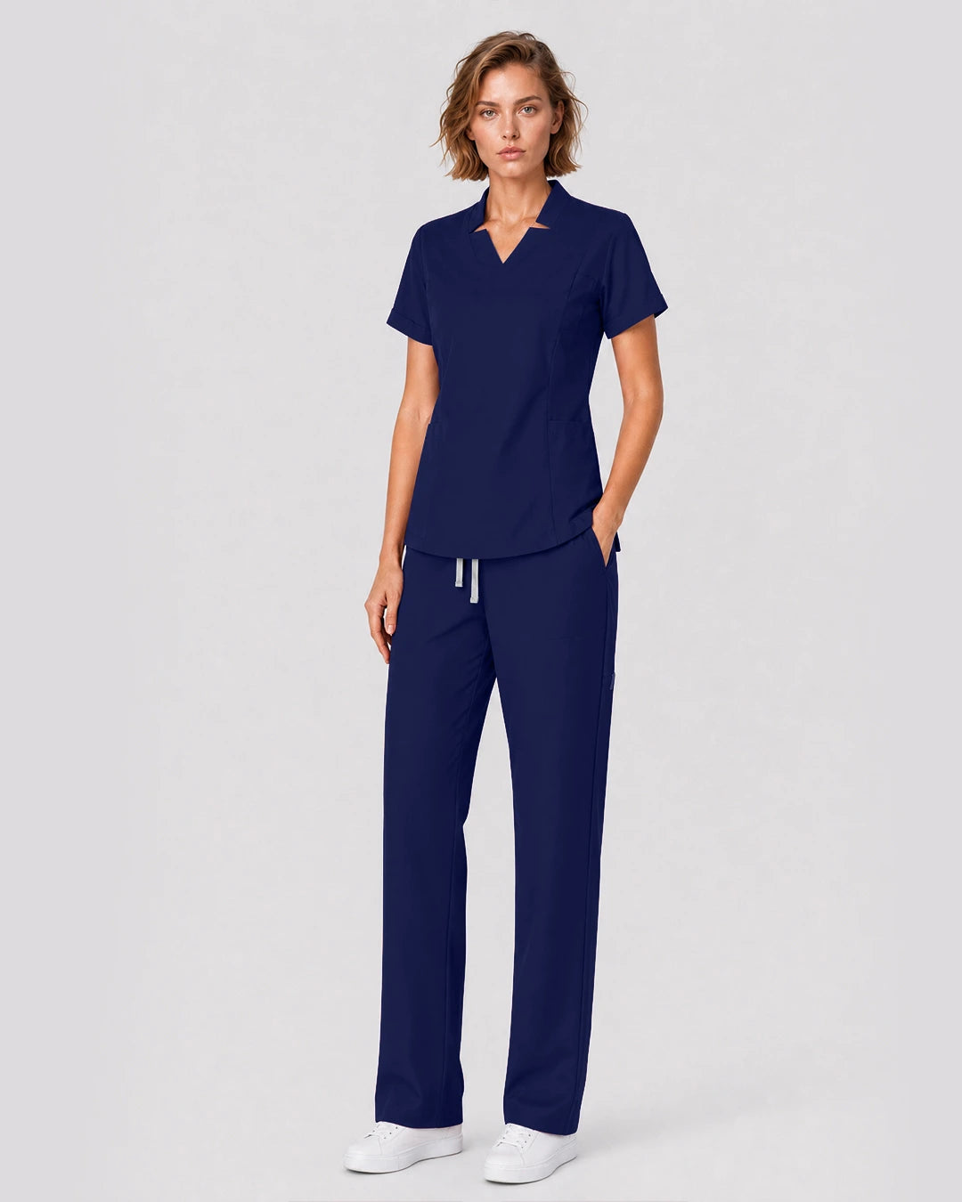 Navy Blue Eipnare Women's Split V-Neck Tapered Scrub Set - Stretch Medical Scrubs for Women