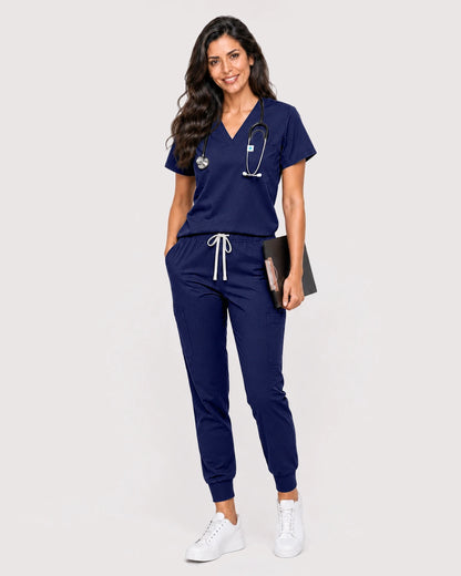 Navy Blue Eipnare Women's Knit V-Neck Jogger Scrub Set - Stretch Medical Scrubs for Women