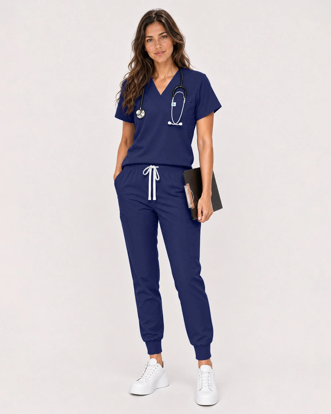 Navy Blue Eipnare Women's Classic V-Neck Jogger Scrub Set - Stretch Medical Scrubs for Women