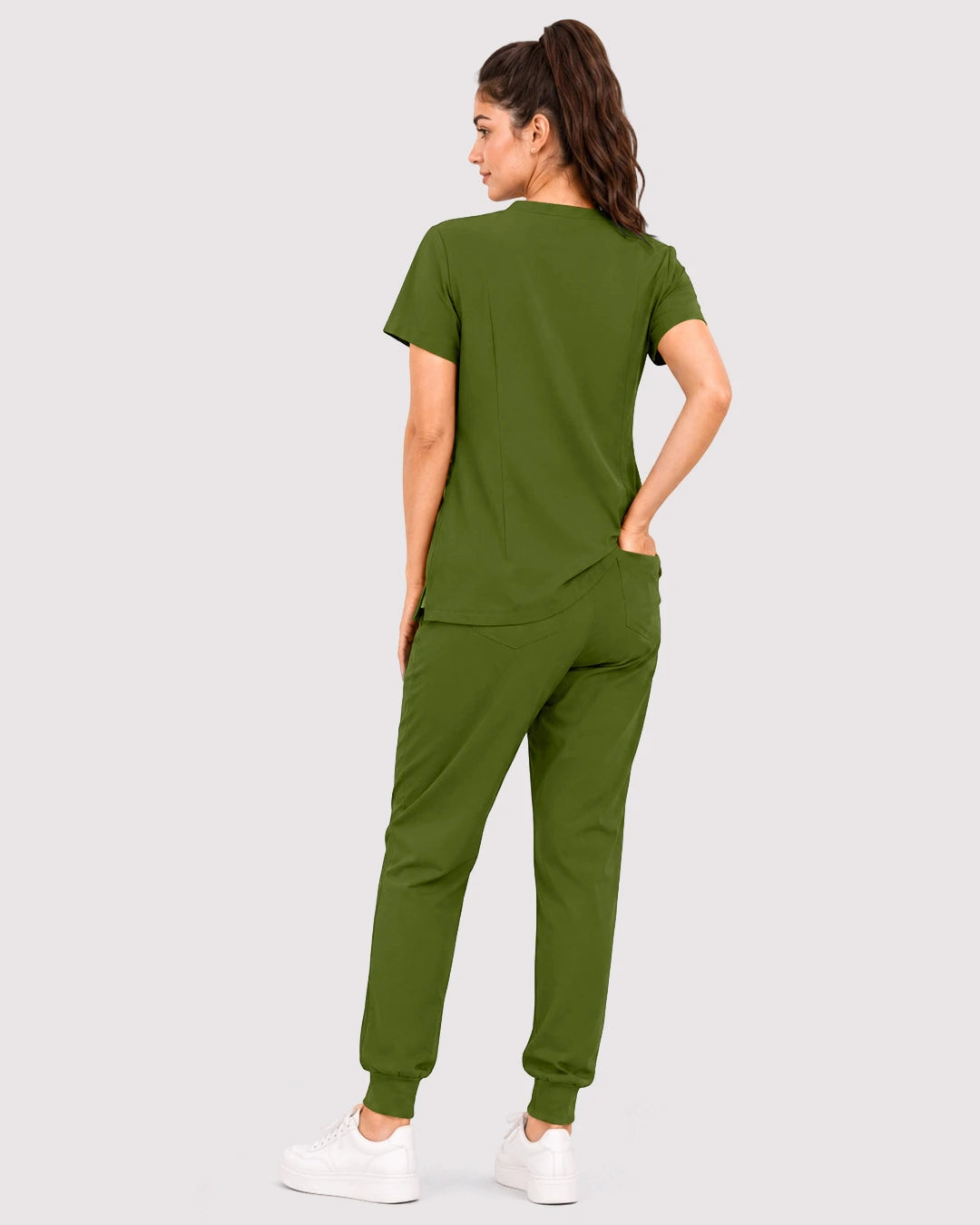 Olive Green Eipnare Women's 3-Pocket V-Neck Jogger Scrub Set - Stretch Medical Scrubs for Women