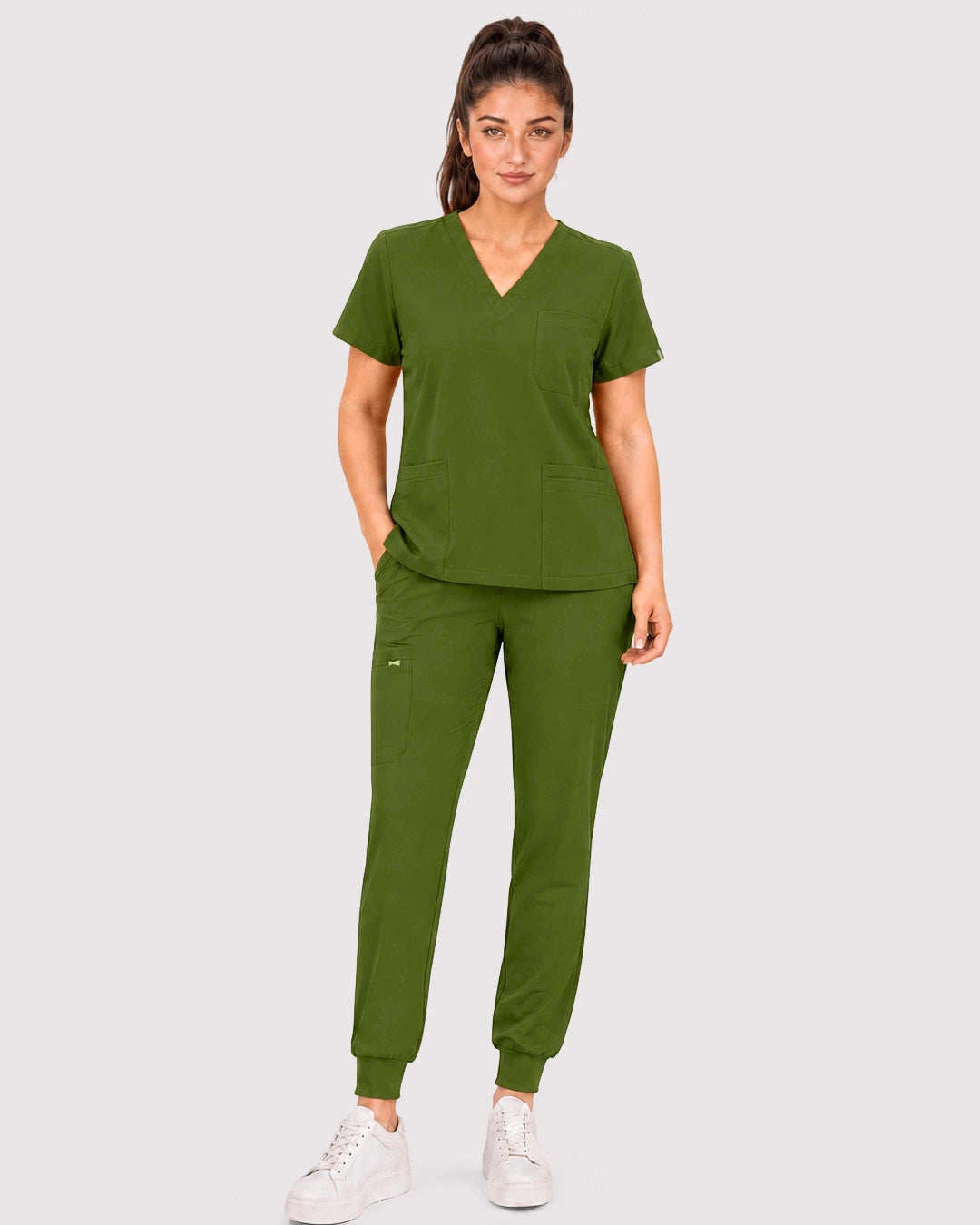 Olive Green Eipnare Women's 3-Pocket V-Neck Jogger Scrub Set - Stretch Medical Scrubs for Women