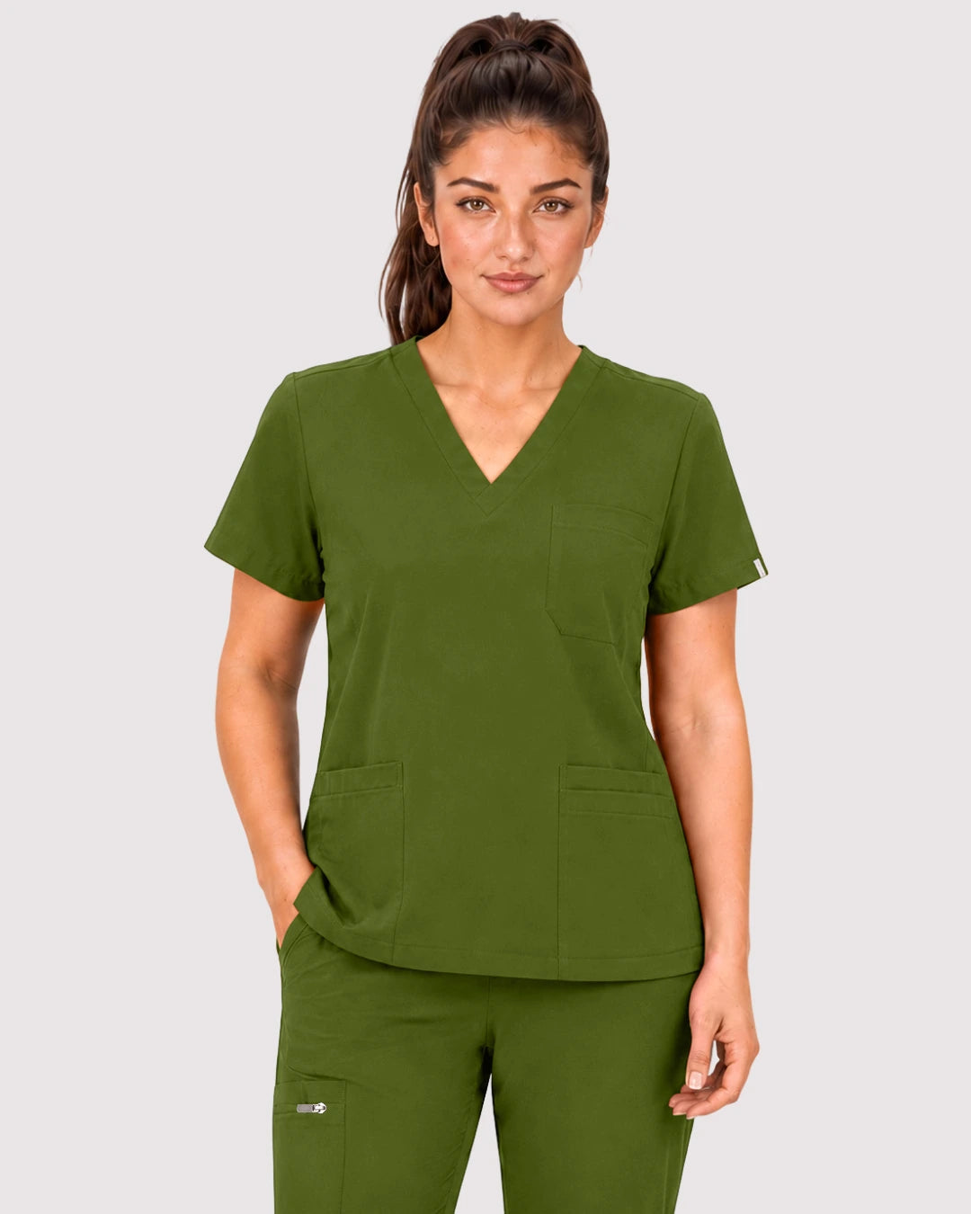 Olive Green Eipnare Women's 3-Pocket V-Neck Jogger Scrub Set - Stretch Medical Scrubs for Women