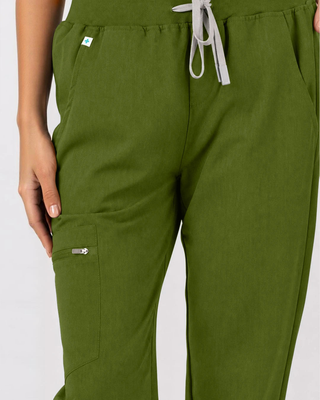 Olive Green Eipnare Women's 3-Pocket V-Neck Jogger Scrub Set - Stretch Medical Scrubs for Women