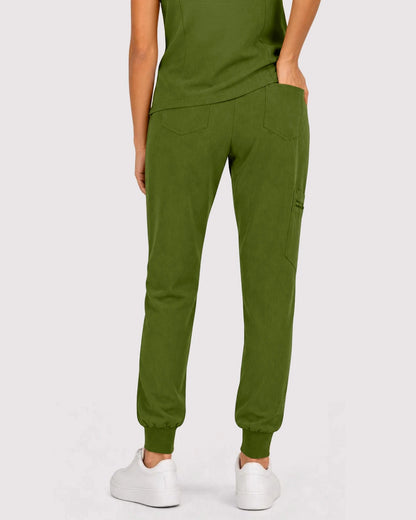 Olive Green Eipnare Women's 3-Pocket V-Neck Jogger Scrub Set - Stretch Medical Scrubs for Women
