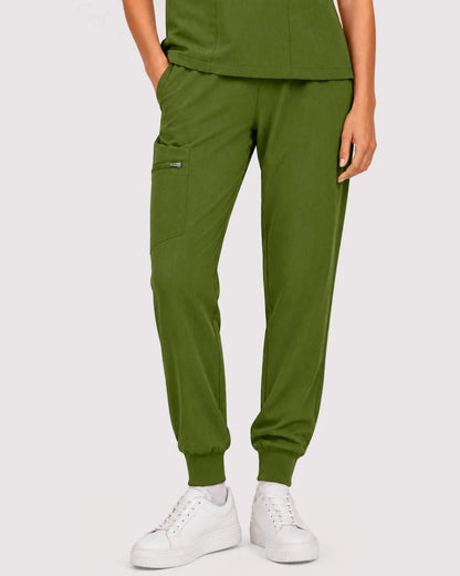 Olive Green Eipnare Women's 3-Pocket V-Neck Jogger Scrub Set - Stretch Medical Scrubs for Women