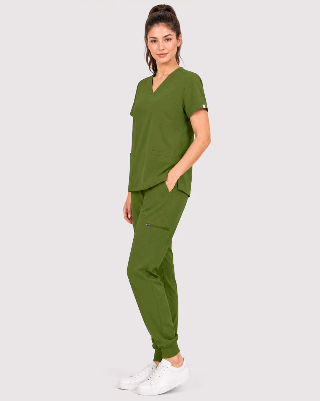 Olive Green Eipnare Women's 3-Pocket V-Neck Jogger Scrub Set - Stretch Medical Scrubs for Women