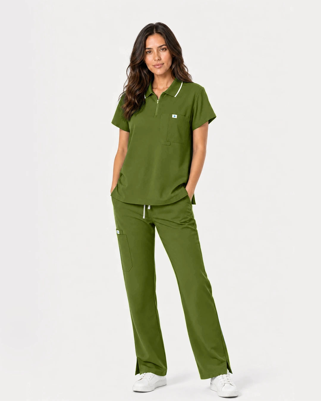 Olive Green Eipnare Women's Zip Polo Straight-Leg Scrub Set - Stretch Medical Scrubs for Women