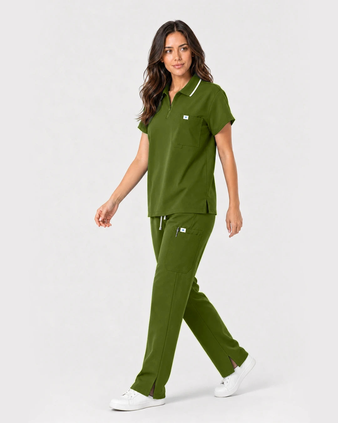 Olive Green Eipnare Women's Zip Polo Straight-Leg Scrub Set - Stretch Medical Scrubs for Women