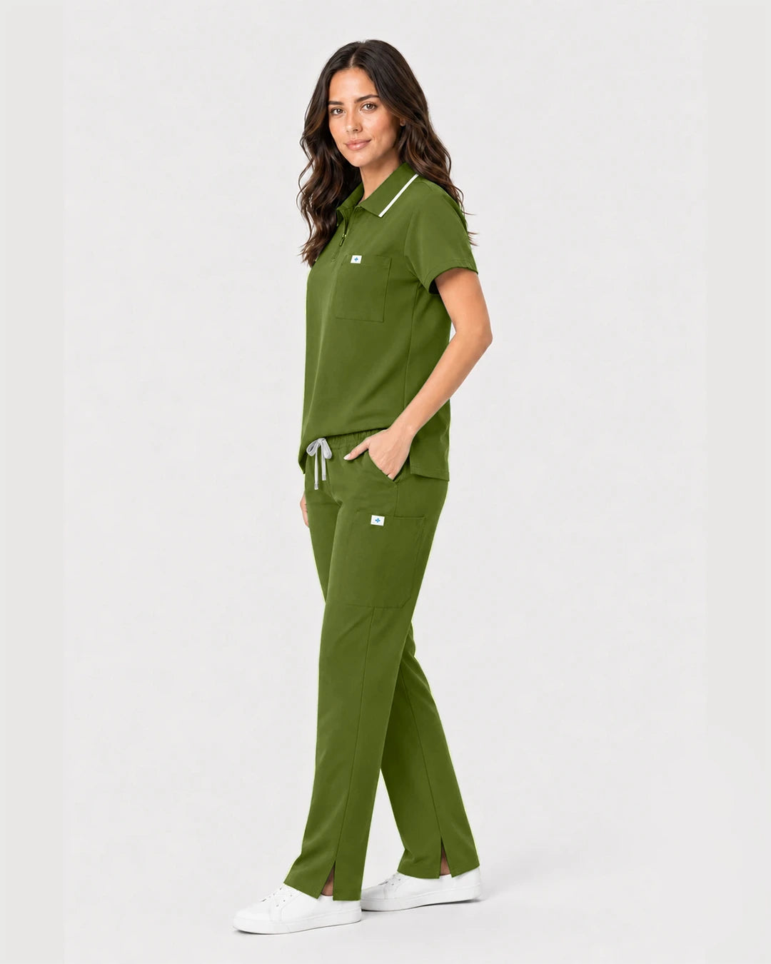 Olive Green Eipnare Women's Zip Polo Straight-Leg Scrub Set - Stretch Medical Scrubs for Women