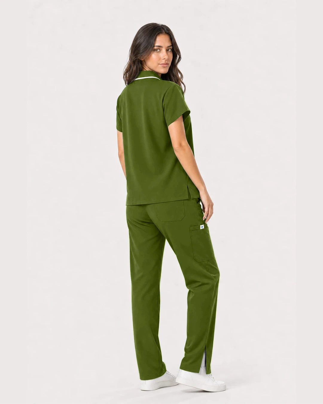 Olive Green Eipnare Women's Zip Polo Straight-Leg Scrub Set - Stretch Medical Scrubs for Women