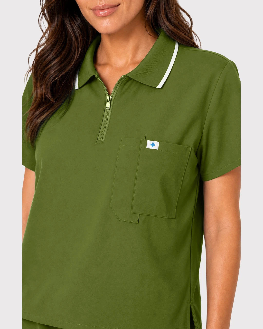 Olive Green Eipnare Women's Zip Polo Straight-Leg Scrub Set - Stretch Medical Scrubs for Women