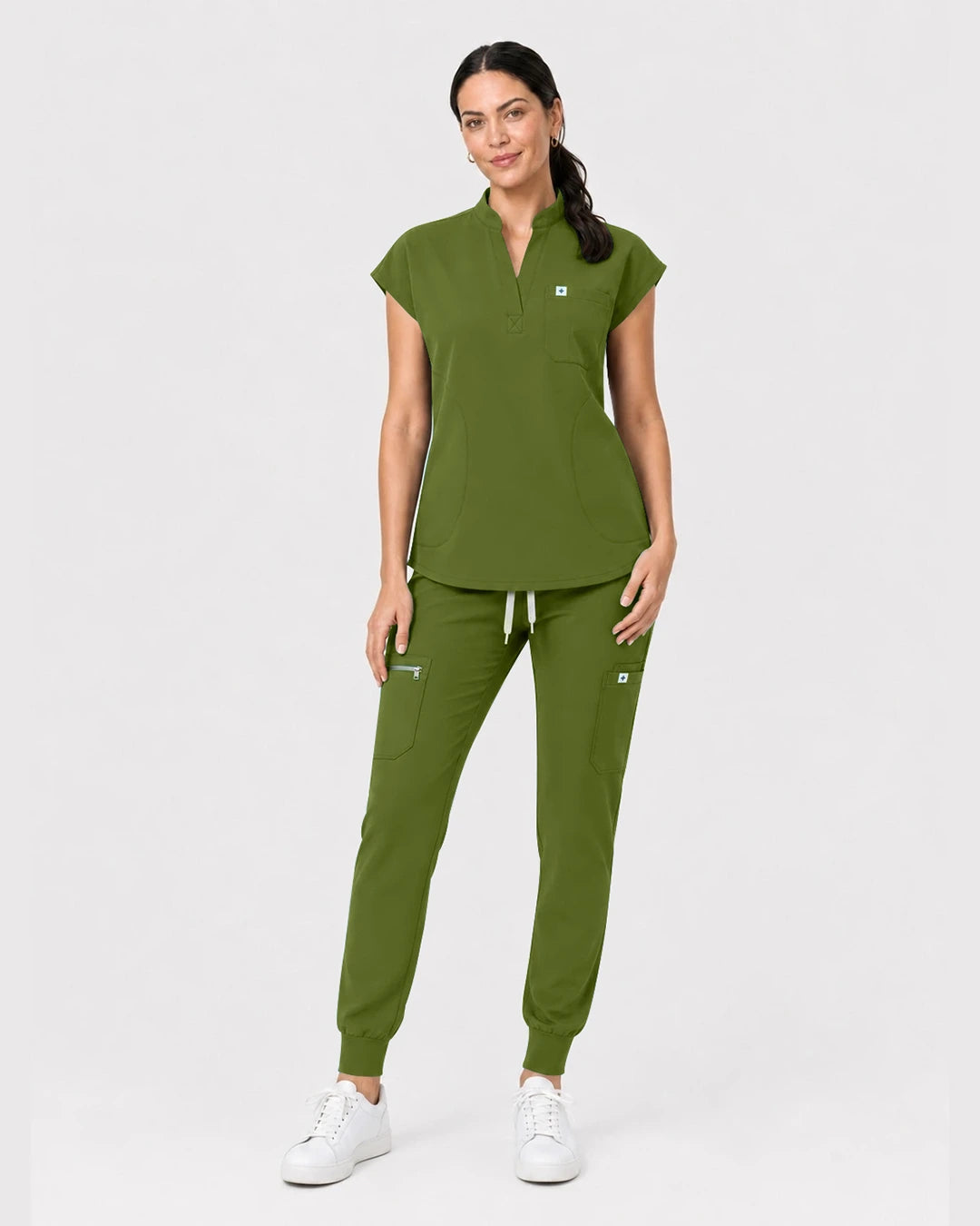 Olive Green Eipnare Women's Henley Sleeveless Jogger Scrub Set - Stretch Medical Scrubs for Women