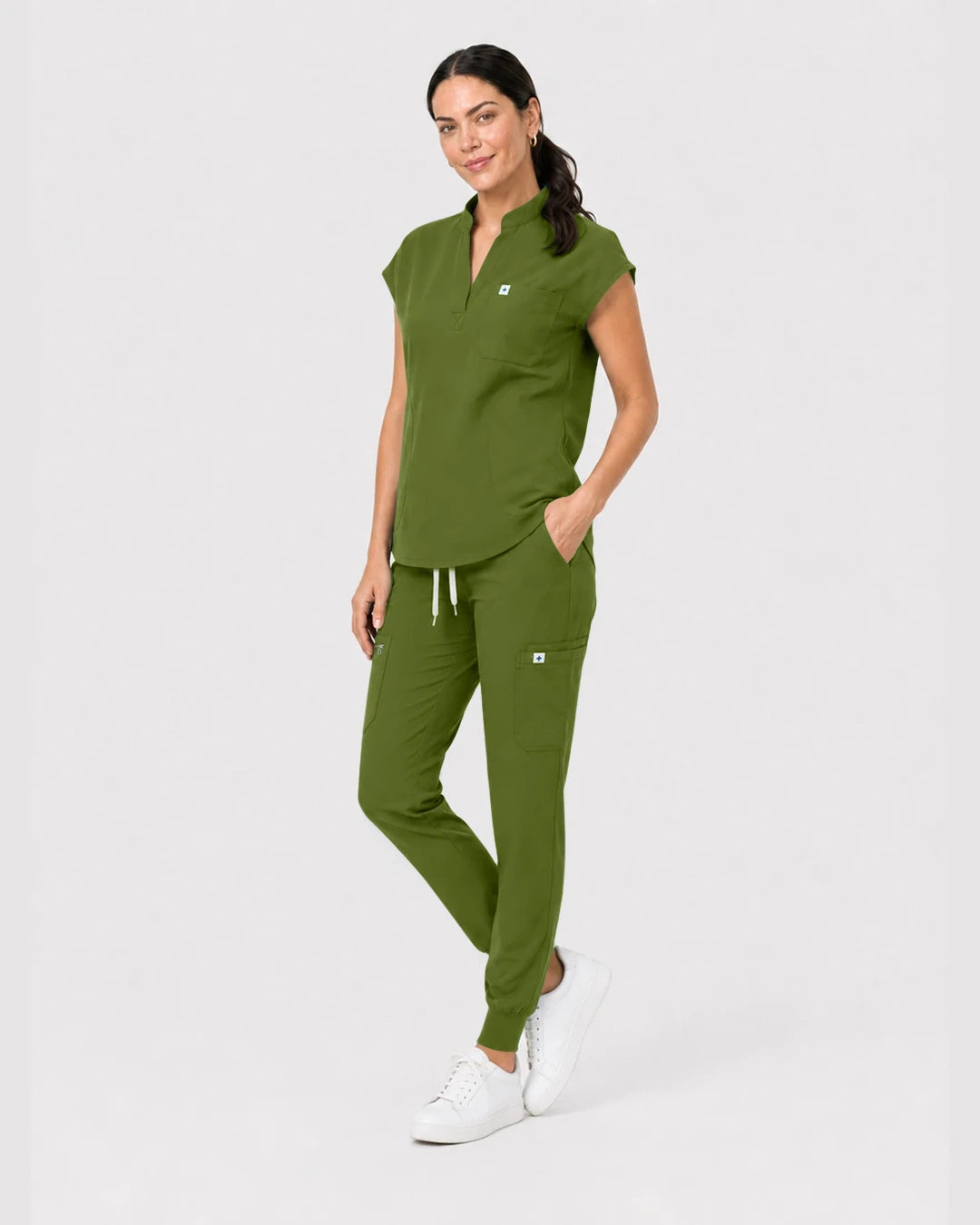 Olive Green Eipnare Women's Henley Sleeveless Jogger Scrub Set - Stretch Medical Scrubs for Women
