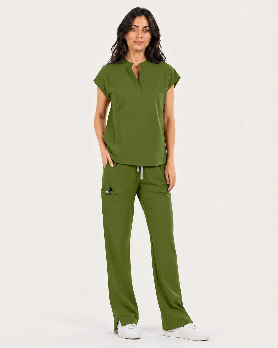 Olive Green Eipnare Women's Mandarin Sleeveless Straight-Leg Scrub Set - Stretch Medical Scrubs for Women
