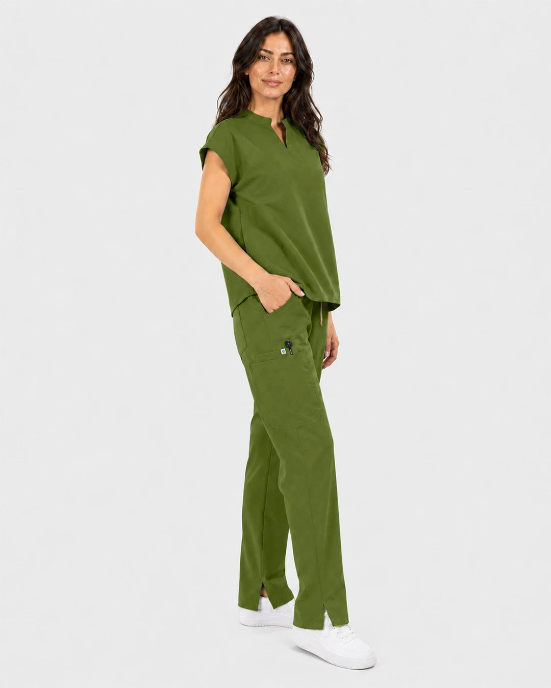 Olive Green Eipnare Women's Mandarin Sleeveless Straight-Leg Scrub Set - Stretch Medical Scrubs for Women