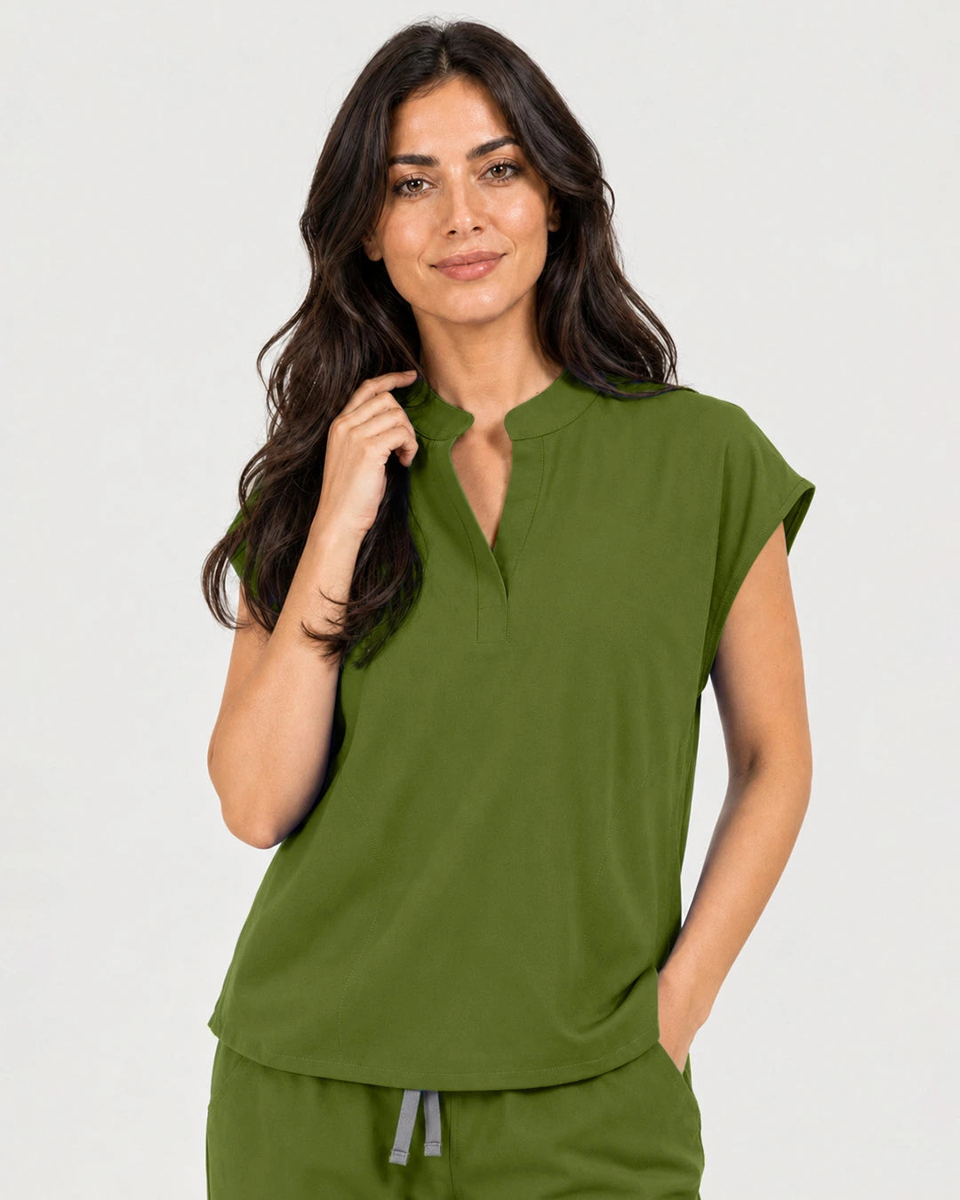 Olive Green Eipnare Women's Mandarin Sleeveless Straight-Leg Scrub Set - Stretch Medical Scrubs for Women