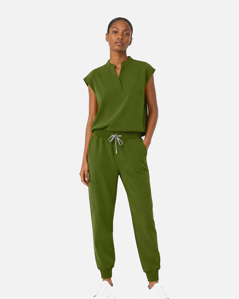 Eipnare Women's Sleeveless Mandarin Collar Jogger Uniform Set - Olive Green