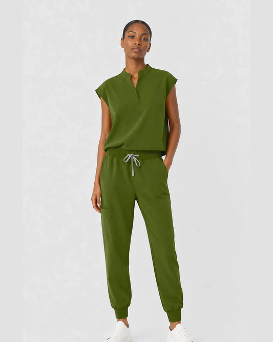 Olive Green Eipnare Women's Sleeveless Mandarin Collar Jogger Scrub Set - Stretch Medical Scrubs for Women