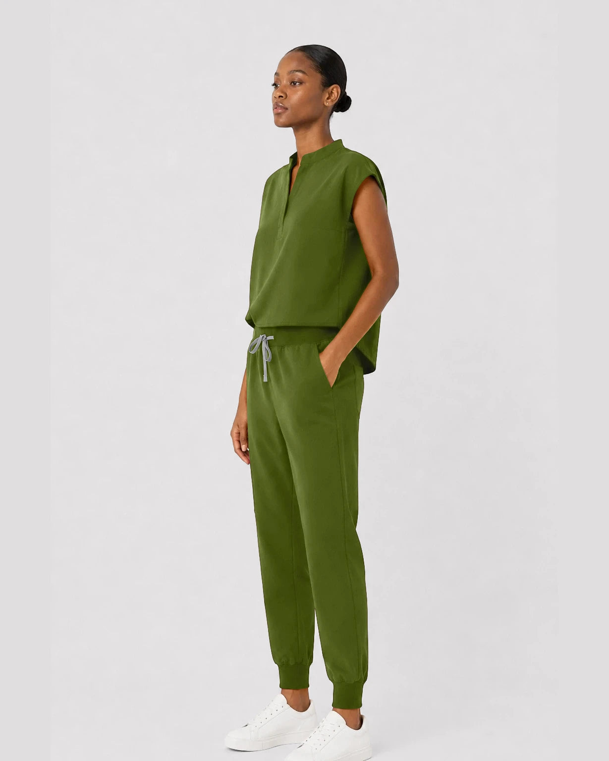 Olive Green Eipnare Women's Sleeveless Mandarin Collar Jogger Scrub Set - Stretch Medical Scrubs for Women