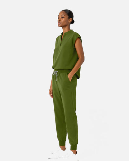 Green – Eipnare Women's Sleeveless Mandarin Collar Jogger Uniform Set – product image 02