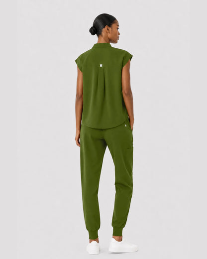Olive Green Eipnare Women's Sleeveless Mandarin Collar Jogger Scrub Set - Stretch Medical Scrubs for Women