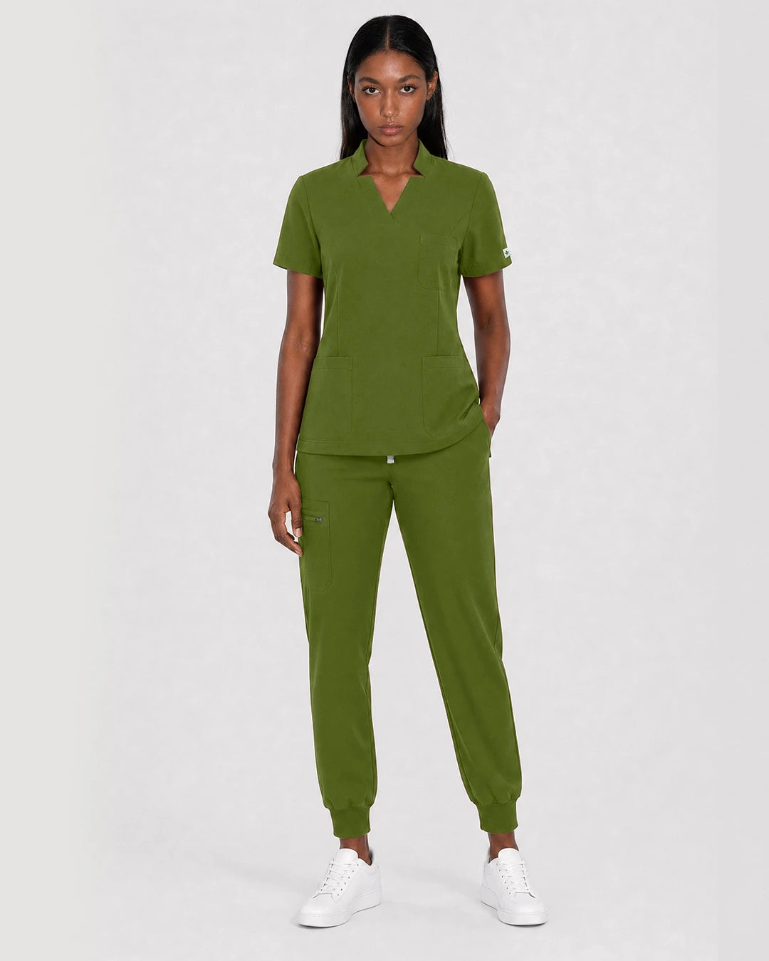 Olive Green Eipnare Women's Split V-Neck Cargo Jogger Scrub Set - Stretch Medical Scrubs for Women