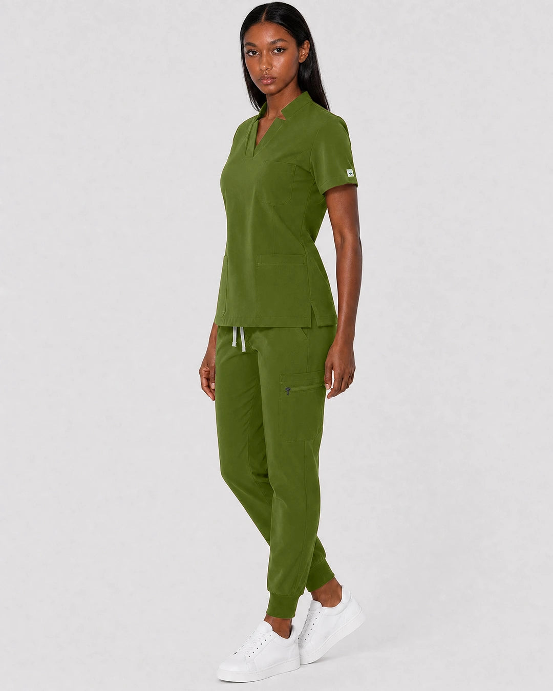 Olive Green Eipnare Women's Split V-Neck Cargo Jogger Scrub Set - Stretch Medical Scrubs for Women