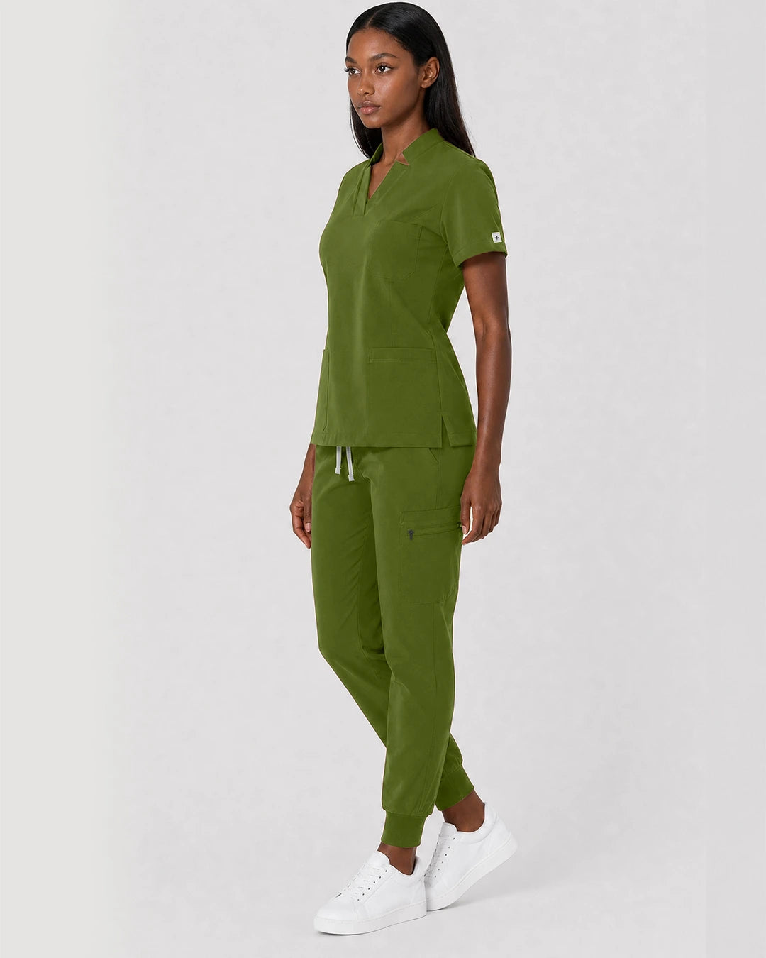 Olive Green Eipnare Women's Split V-Neck Cargo Jogger Scrub Set - Stretch Medical Scrubs for Women