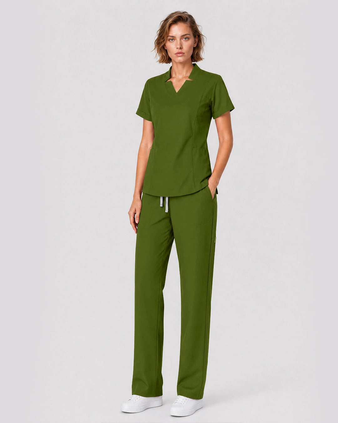 Olive Green Eipnare Women's Split V-Neck Tapered Scrub Set - Stretch Medical Scrubs for Women