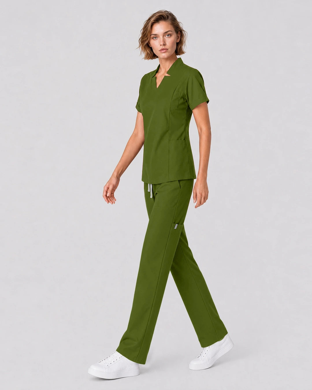 Olive Green Eipnare Women's Split V-Neck Tapered Scrub Set - Stretch Medical Scrubs for Women