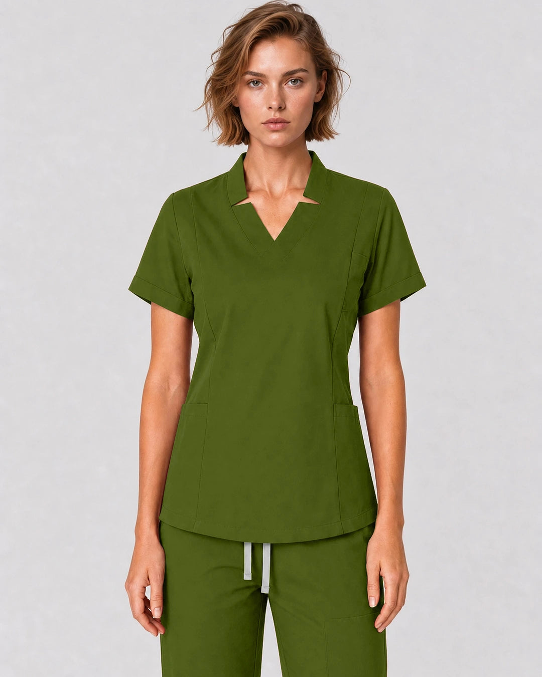 Olive Green Eipnare Women's Split V-Neck Tapered Scrub Set - Stretch Medical Scrubs for Women