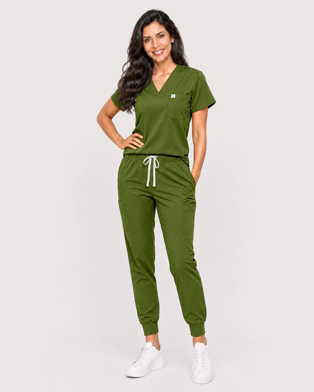 Olive Green Eipnare Women's Knit V-Neck Jogger Scrub Set - Stretch Medical Scrubs for Women
