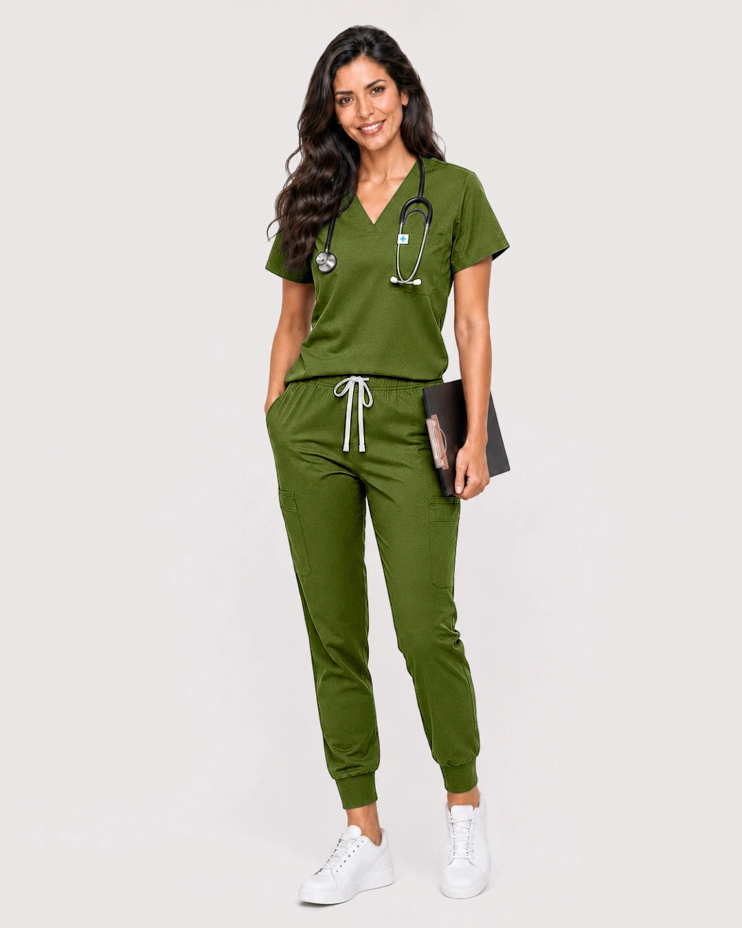 Olive Green Eipnare Women's Knit V-Neck Jogger Scrub Set - Stretch Medical Scrubs for Women