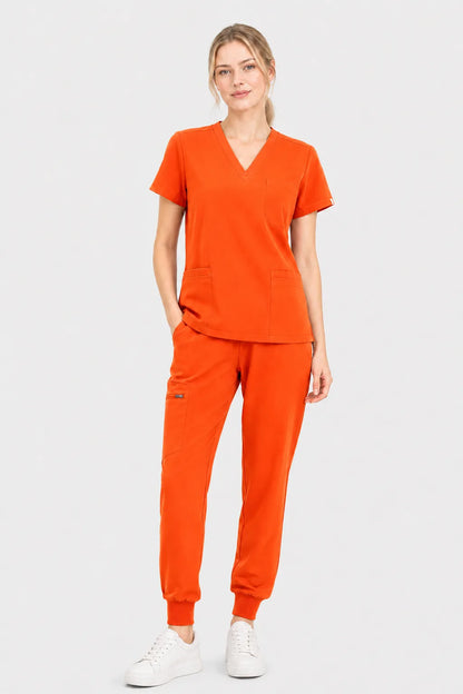 Orange Eipnare Women's V-Neck 8-Pocket Jogger Scrub Set - Stretch Medical Scrubs for Women