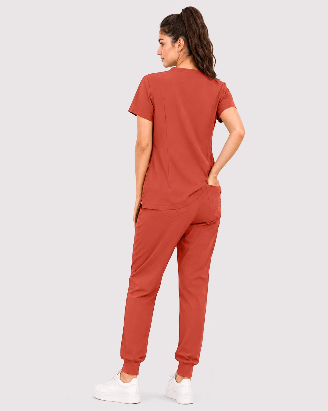 Orange Red Eipnare Women's 3-Pocket V-Neck Jogger Scrub Set - Stretch Medical Scrubs for Women