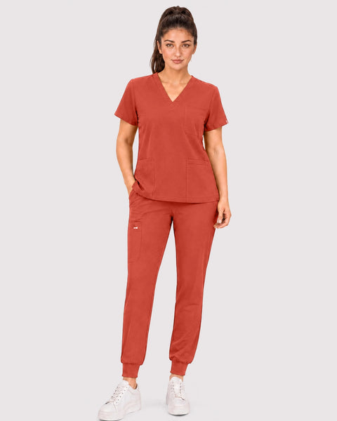 Eipnare Women's 3-Pocket V-Neck Jogger Scrub Set - Orange Red