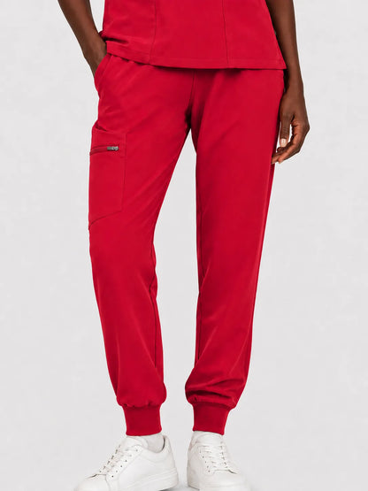 Red Eipnare Women's V-Neck 8-Pocket Jogger Scrub Set - Stretch Medical Scrubs for Women