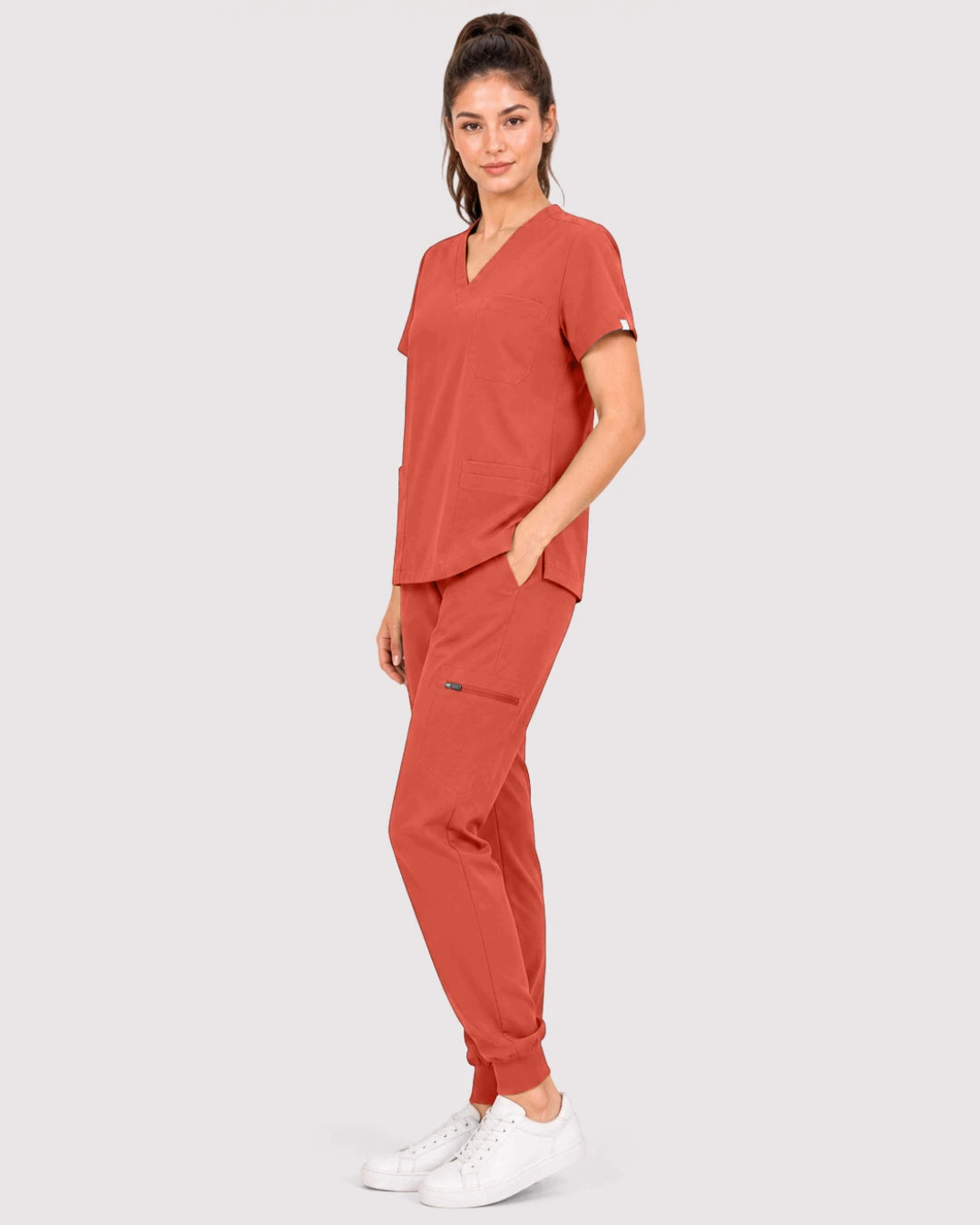 Orange Red Eipnare Women's 3-Pocket V-Neck Jogger Scrub Set - Stretch Medical Scrubs for Women