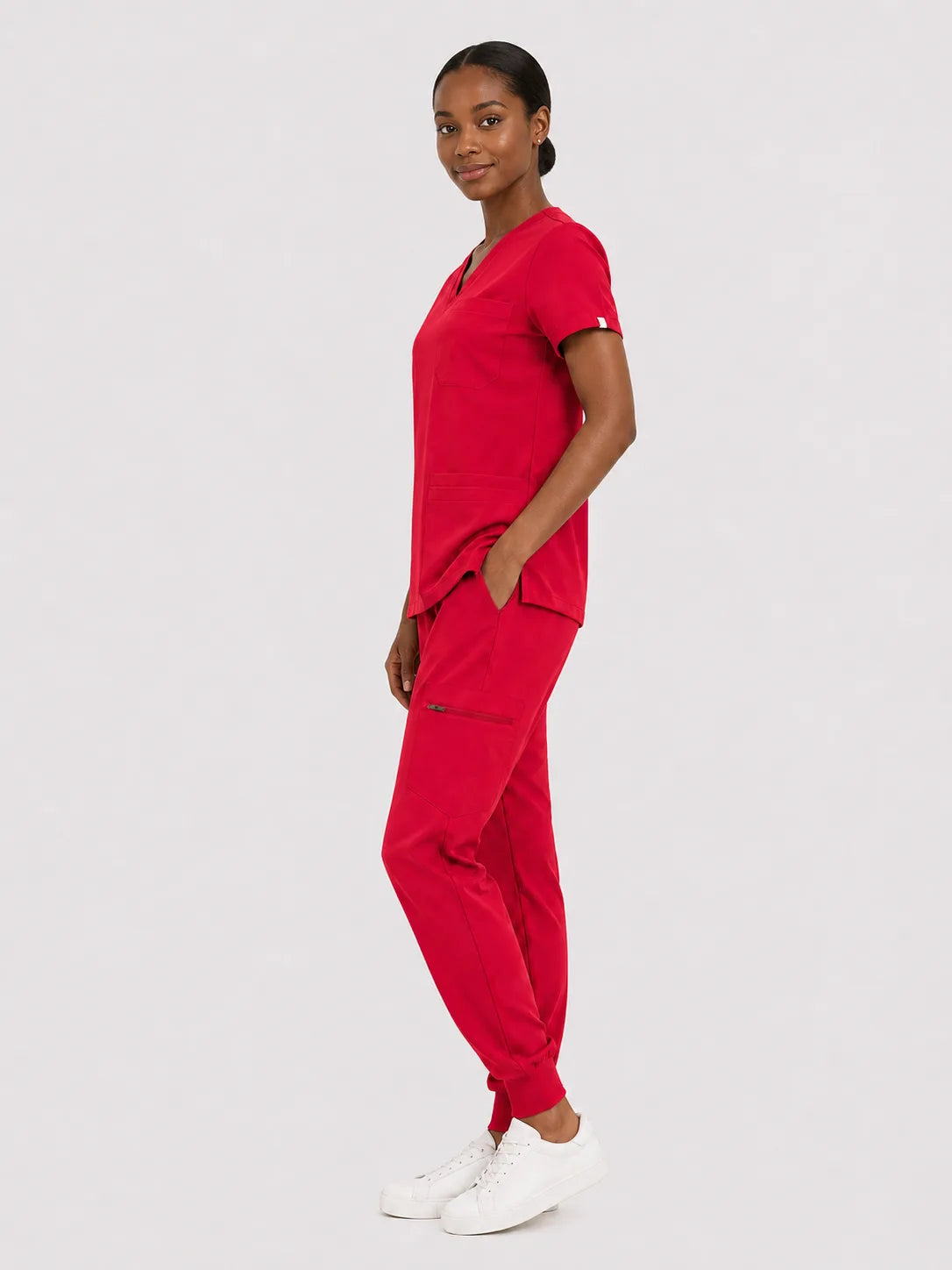 Red Eipnare Women's V-Neck 8-Pocket Jogger Scrub Set - Stretch Medical Scrubs for Women