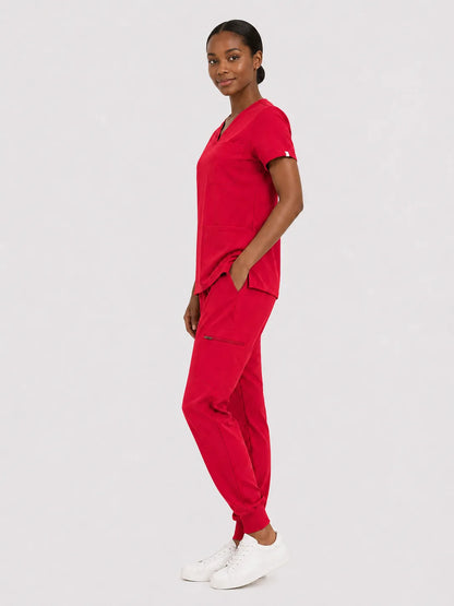 Red Eipnare Women's V-Neck 8-Pocket Jogger Scrub Set - Stretch Medical Scrubs for Women