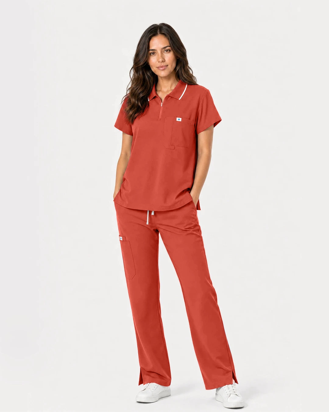 Orange Red Eipnare Women's Zip Polo Straight-Leg Scrub Set - Stretch Medical Scrubs for Women