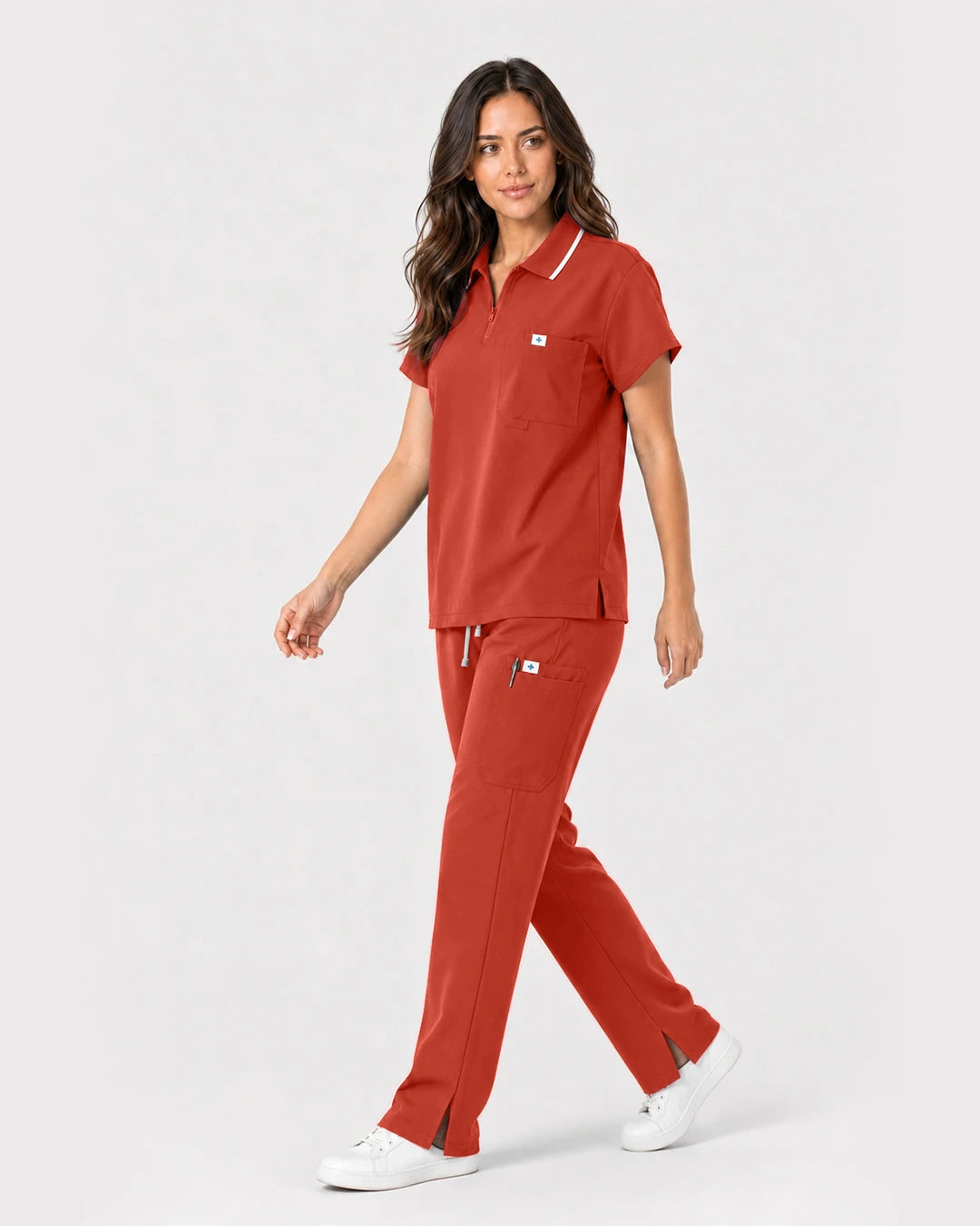 Orange Red Eipnare Women's Zip Polo Straight-Leg Scrub Set - Stretch Medical Scrubs for Women