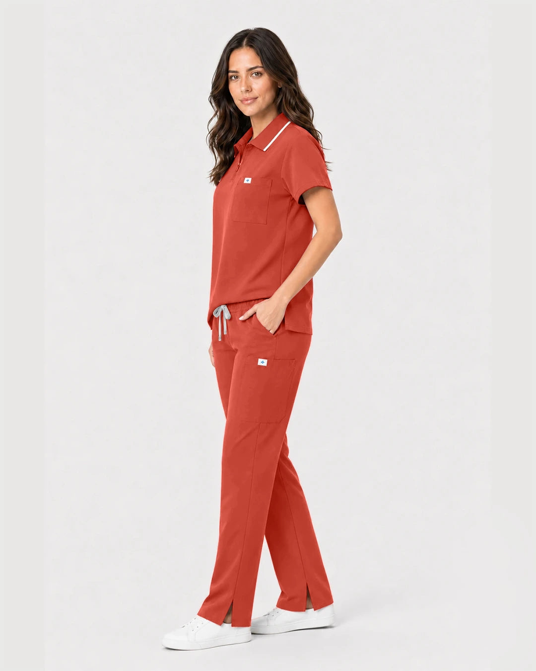 Orange Red Eipnare Women's Zip Polo Straight-Leg Scrub Set - Stretch Medical Scrubs for Women